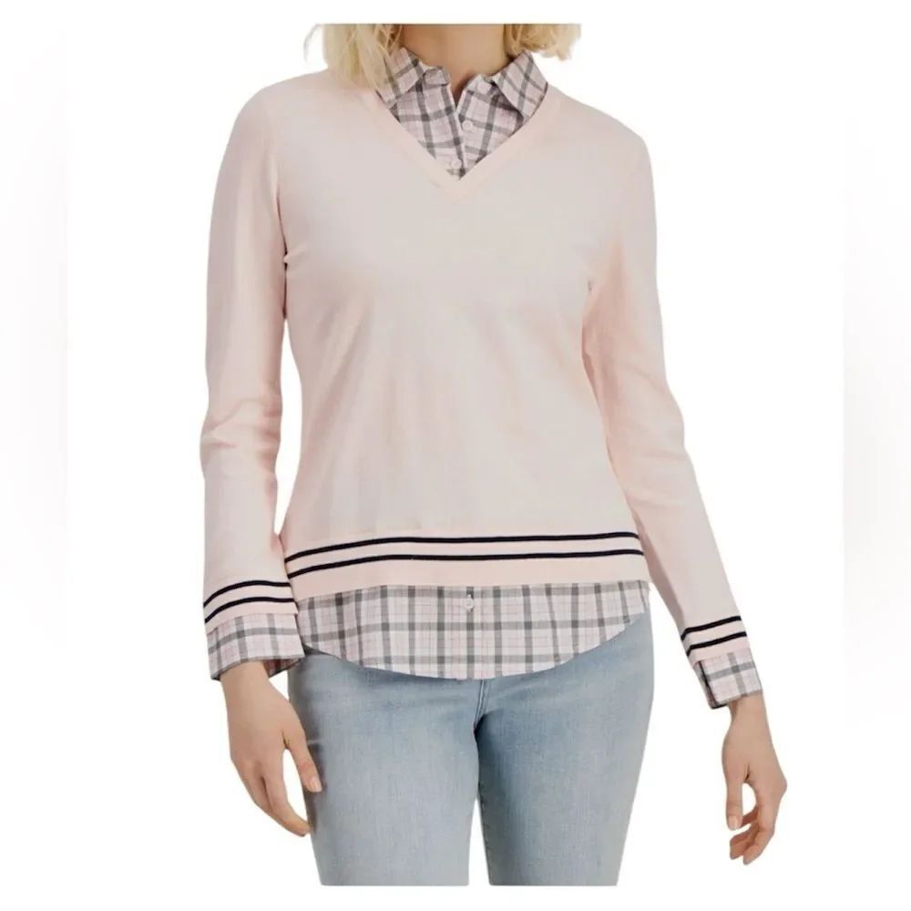 Tommy Hilfiger babyPink Gray Checkered V-Neck Layers Long Sleeves Sweater Shirt